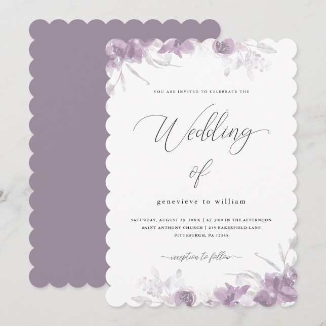 Invitation Flore violette délicate avec Mariage de calligraph (Devant / Derrière)