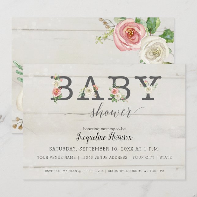 Invitation Flores blanches | Baby shower fille (Devant / Derrière)
