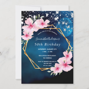 Invitation Flores bleu rose d'anniversaire étoiles géométriqu