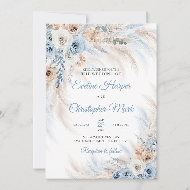 Invitation Flores de Boho bleu moderne rose pampas tropical (Devant)