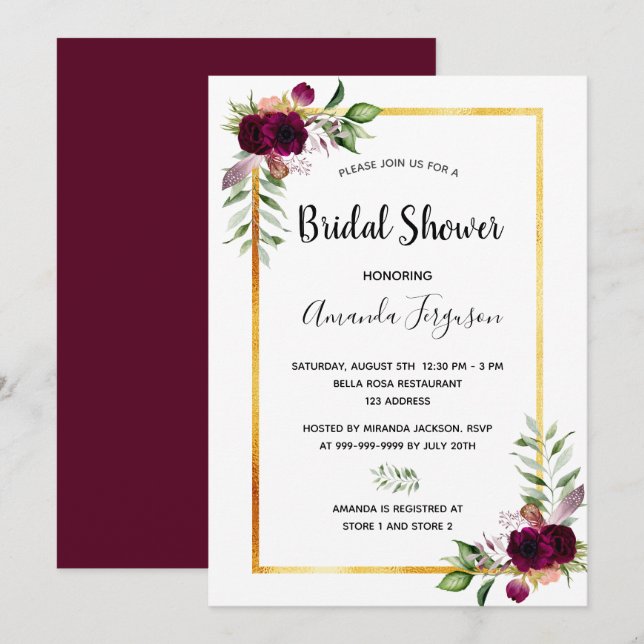 Invitation Flores de douche nuptiale boho bordeaux (Devant / Derrière)