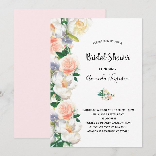 Invitation Flores d'or rose rose pâle blanc douche nuptiale (Devant / Derrière)