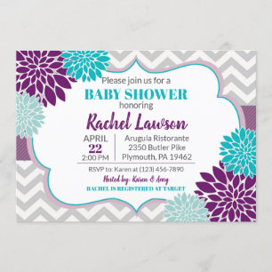 Invitation Flores pourpres et turquoise Baby shower floral