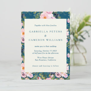 Invitation Flores romantiques vintages en Mariage bleu