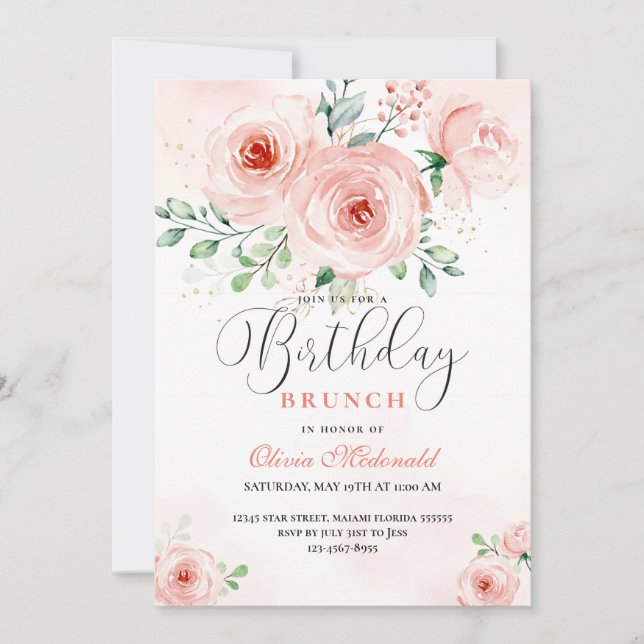 Invitation Flores rose pâle rose moderne Anniversaire (Devant)