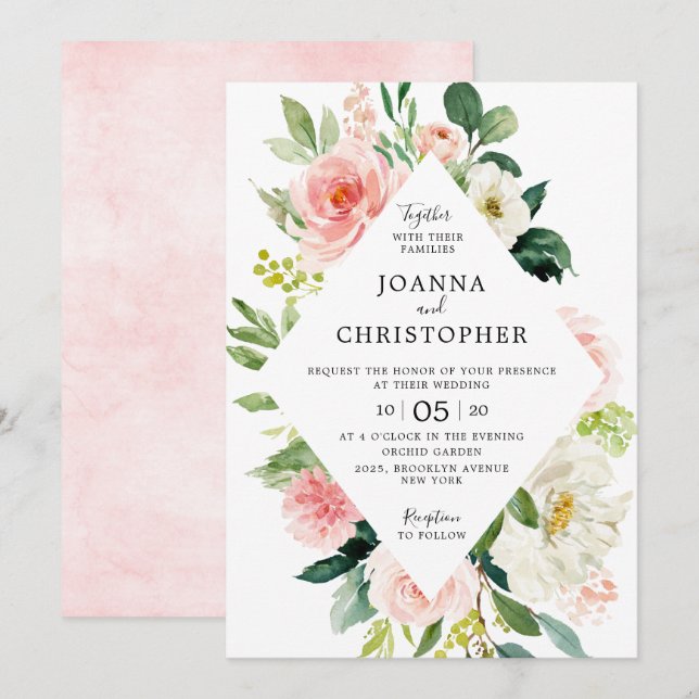 Invitation Flores rose vif Mariage géométrique moderne (Devant / Derrière)
