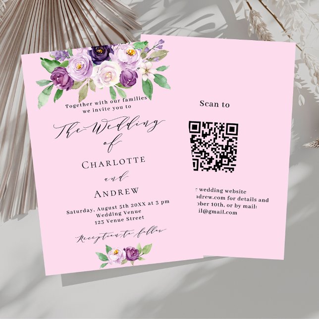 Invitation Flores rose violet QR détails code RSVP mariage (Créateur téléchargé)