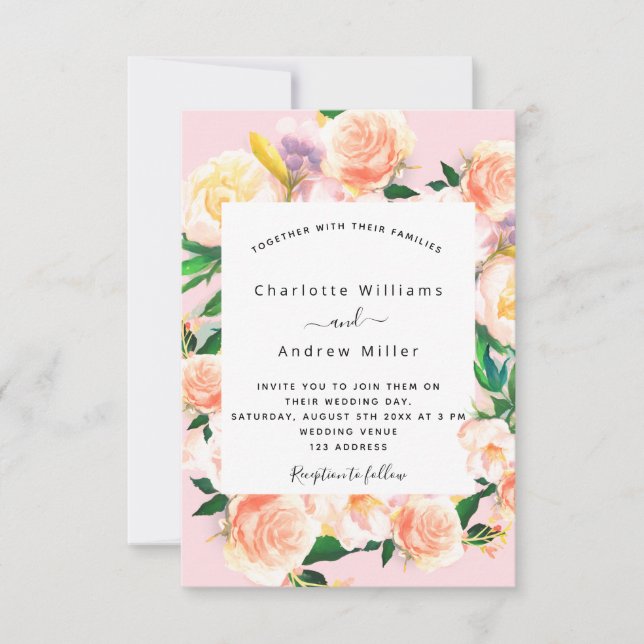 Invitation Flores roses rose mariage or (Devant)