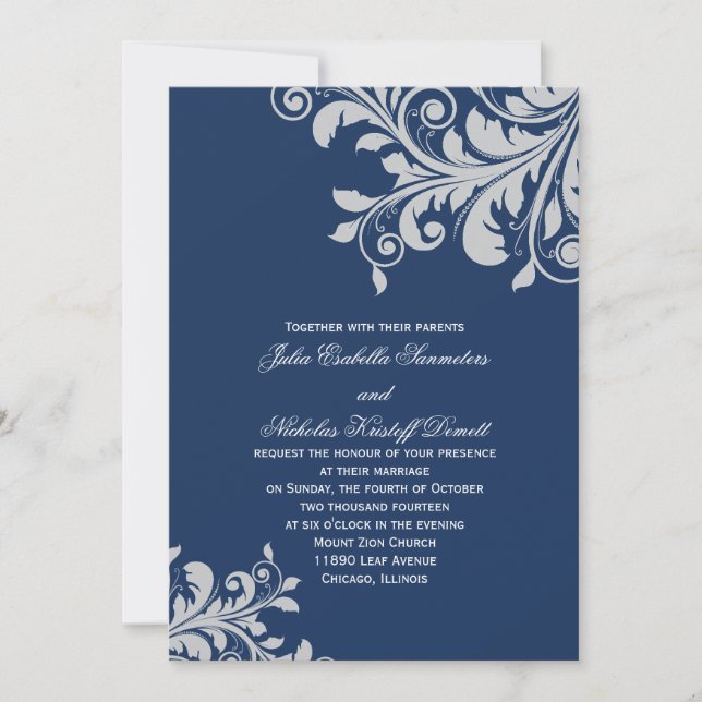 Invitation florissante - bleu et argent (Devant)