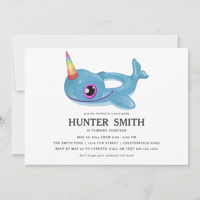 Invitation Flotte de la piscine Narwhal Anniversaire Pool Par (Devant)