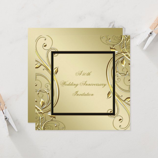 Invitation Flourish Or Noir 50e Anniversaire de Mariage (Devant/Arrière en situation)