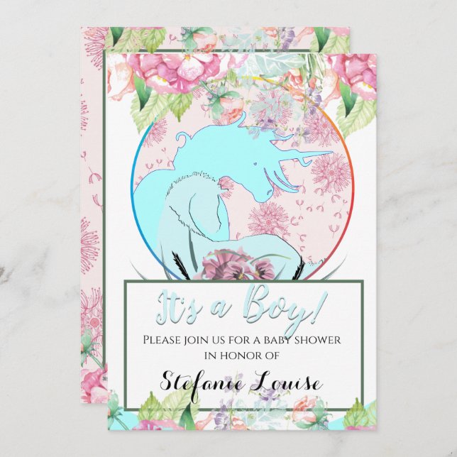 Invitation Flow Unicorn blue C'est un garçon ! (fleurs & dand (Devant / Derrière)