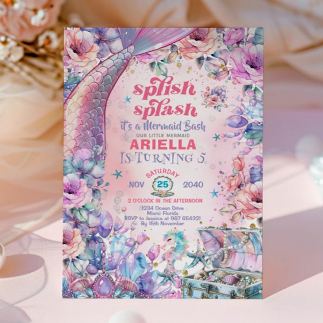 Invitation Flower Glitter Mermaid Tail 5th Birthday  (Créateur téléchargé)