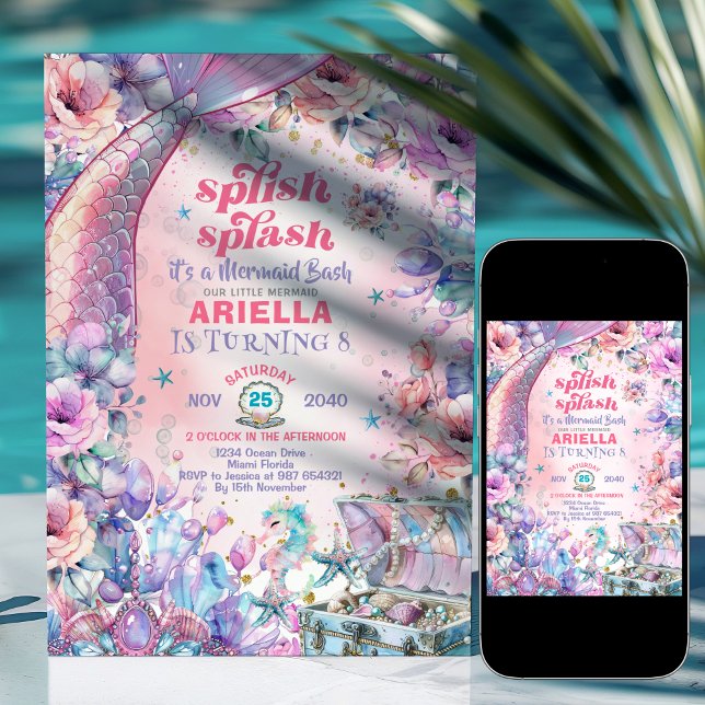 Invitation Flower Glitter Mermaid Tail 8th Birthday  (Créateur téléchargé)