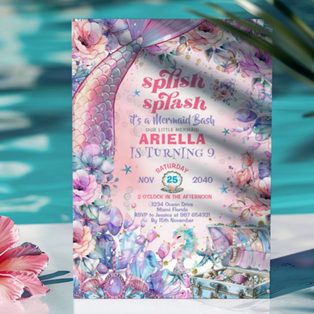 Invitation Flower Glitter Mermaid Tail 9th Birthday  (Créateur téléchargé)