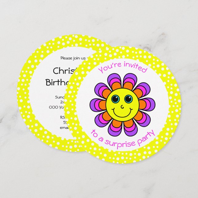Invitation Flower Power fête d'anniversaire (Devant / Derrière)