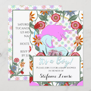Invitation Flower Unicorn Pink C'est un garçon ! (fleurs et r