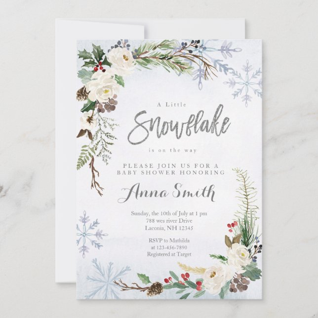 Invitation Flower Winter Snowflakes est sur le chemin baby sh (Devant)