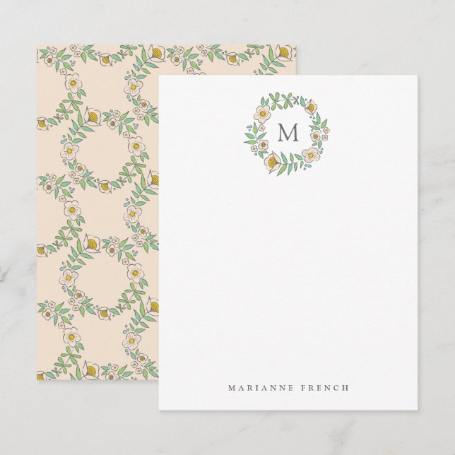Invitation Flower Wreath Monogramme Papier personnel Note (Devant / Derrière)
