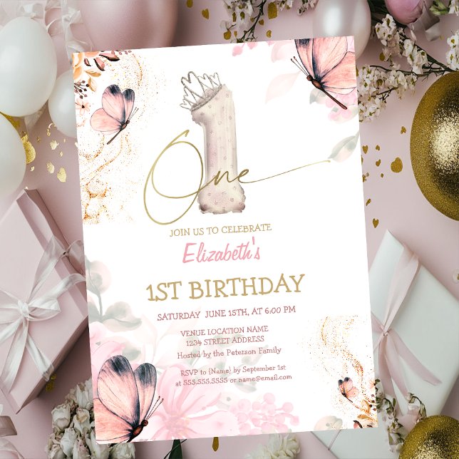 Invitation  Flowers Butterfly Striped Chic 1s Birthday (Créateur téléchargé)