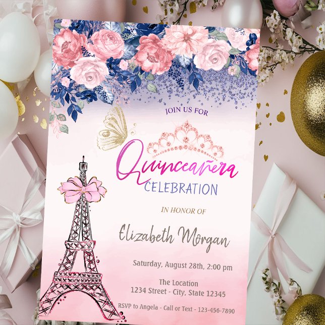 Invitation Flowers,Eiffel Tower Bow Butterfly Quinceanera  (Créateur téléchargé)