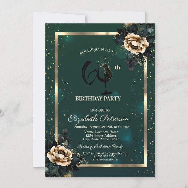 Invitation Flowers Gold Frame Green Wine Glass 60th (Devant)