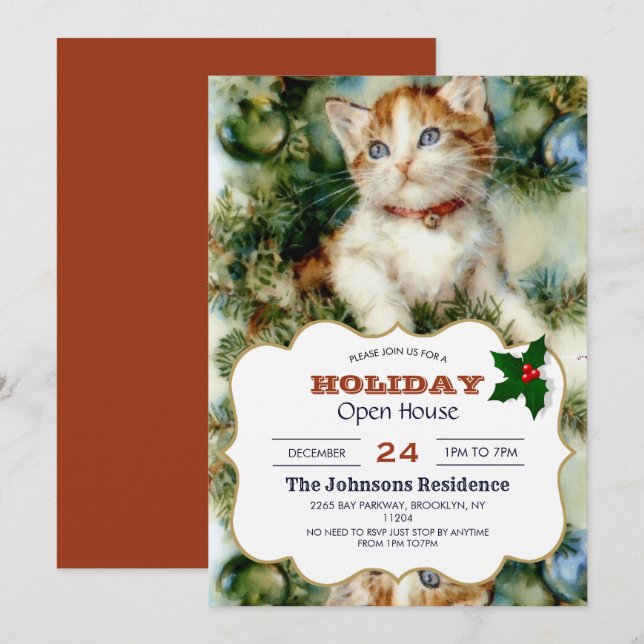 Invitation Fluffy christmas cat Watercolor (Devant / Derrière)