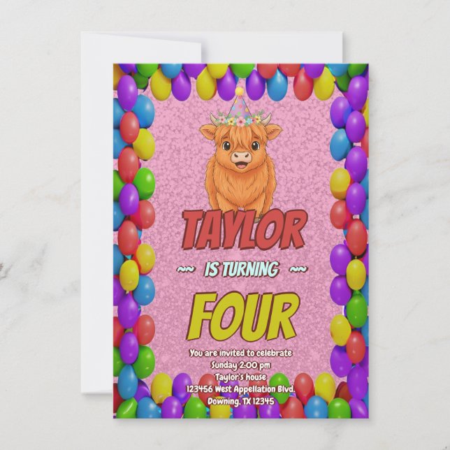 Invitation Fluffy Highland Cow Birthday Invite (Devant)