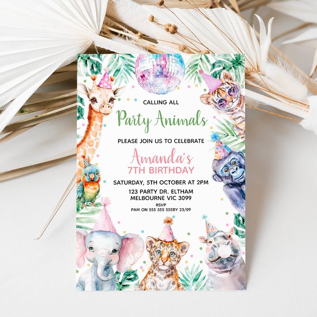 Invitation Fluorescent Falling Party Animaux Safari anniversa (Girls Calling All Party Animals Safari Birthday Invitation Template, Editable Safari Birthday Invite)