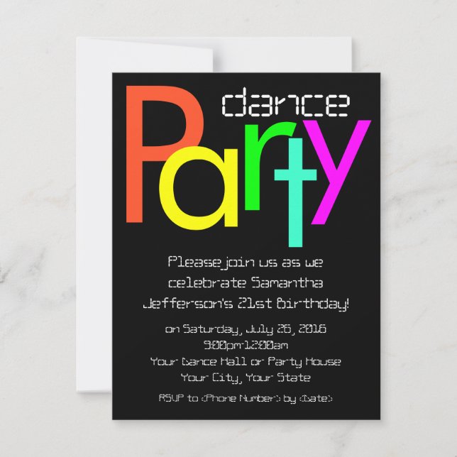 Invitation Fluorescent néon lumières Dance Party Invitation,  (Devant)