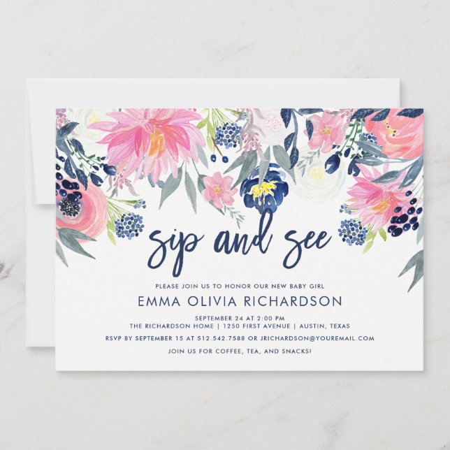 Invitation Flush et Navy, Flore Sip and See (Devant)