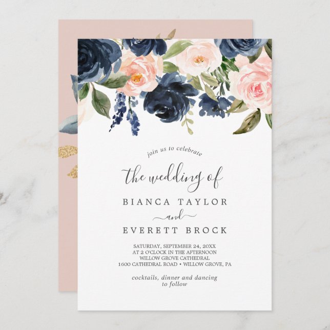 Invitation Flush et Navy Flowers | Blanc Le Mariage De (Devant / Derrière)