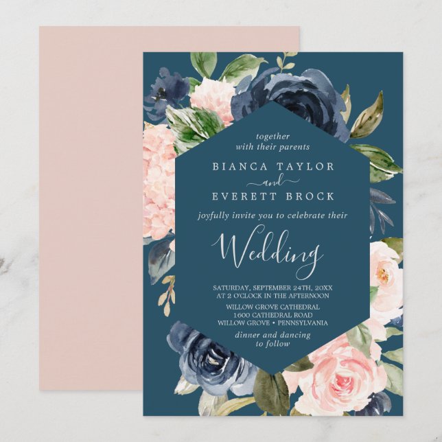 Invitation Flush et Navy Flowers | Mariage bleu (Devant / Derrière)