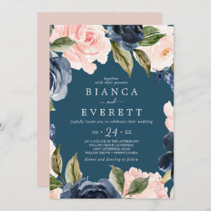 Invitation Flush et Navy Flowers   Mariage Décontracté bleu