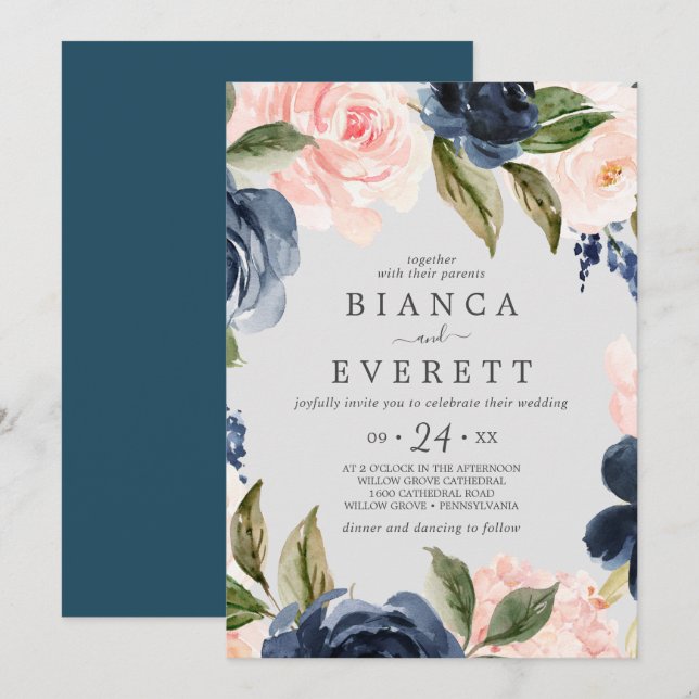 Invitation Flush et Navy Flowers | Mariage Décontracté gris c (Devant / Derrière)