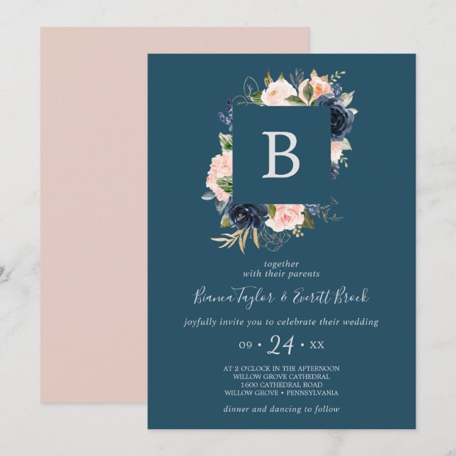 Invitation Flush et Navy Flowers | Mariage Monogramme bleu (Devant / Derrière)