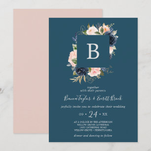 Invitation Flush et Navy Flowers   Mariage Monogramme bleu