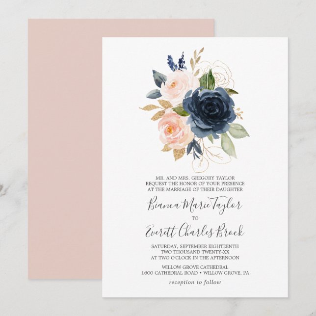 Invitation Flush et Navy Flowers | Mariage officiel blanc (Devant / Derrière)