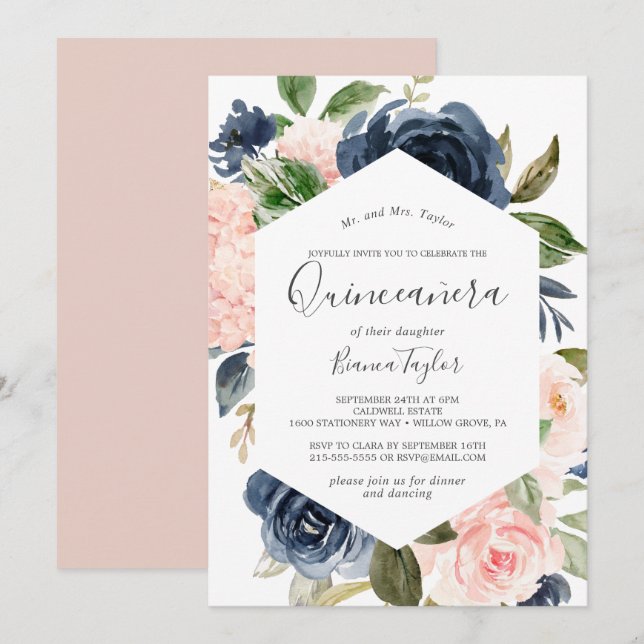 Invitation Flush et Navy Flowers | Quinceañera blanche (Devant / Derrière)