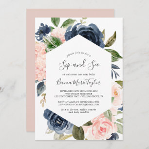 Invitation Flush et Navy Flowers   White Sip and See