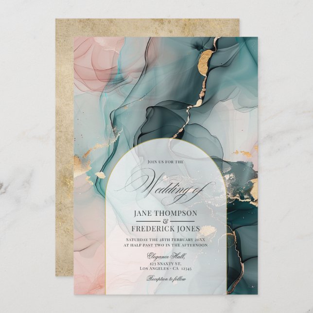 Invitation Flush & Turquoise Enk Swils et Faux Gold Foil Mari (Devant / Derrière)