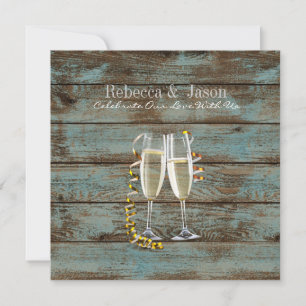 Invitation flûtes de champagne grange bleu rustique mariage