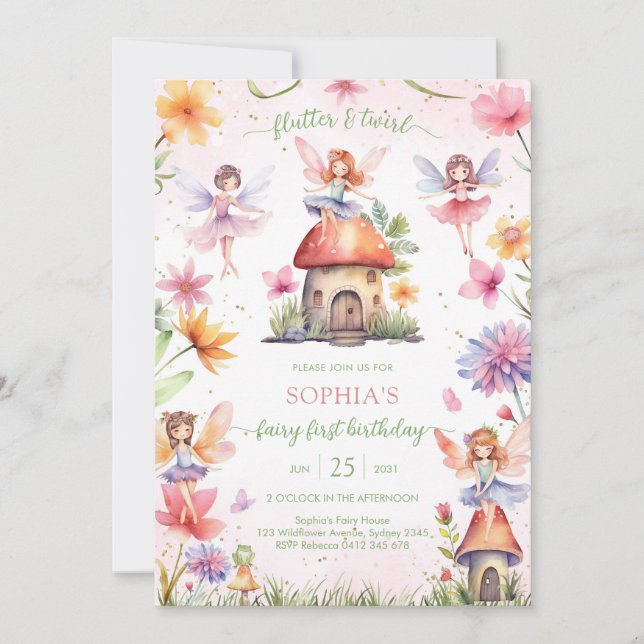 Invitation Flutter and Twirl Fairy First 1st Birthday (Devant)