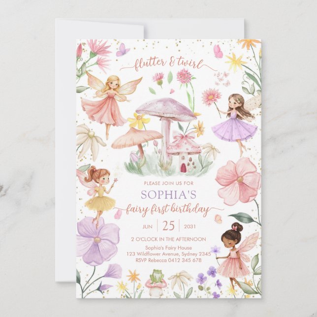 Invitation Flutter and Twirl Fairy First 1st Birthday (Devant)