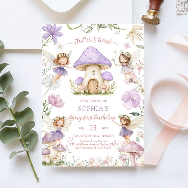 Invitation Flutter and Twirl Fairy First 1st Birthday (Créateur téléchargé)