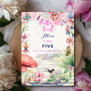 Invitation Flutter et tourbillon Fairy garden aquarelle anniv