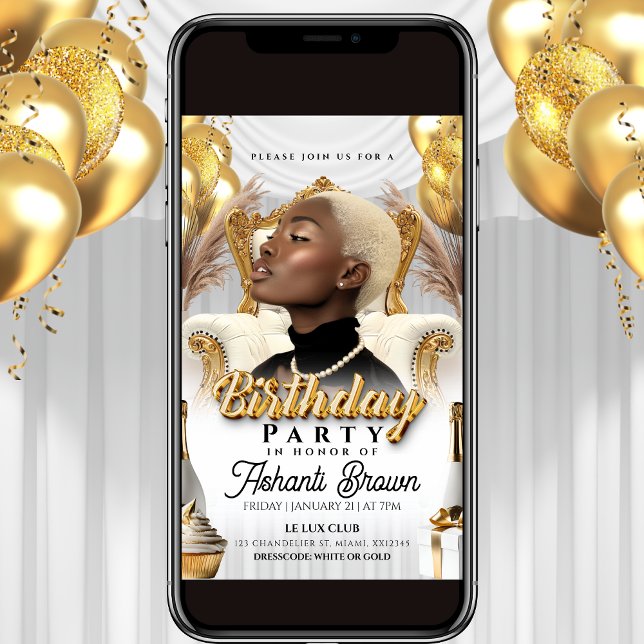 Invitation flyer royal blanc et or fête d'anniversaire (Créateur téléchargé)