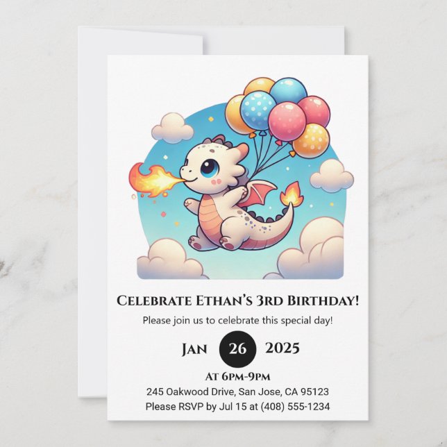 Invitation Flying Baby Dragon with Balloons Birthday (Devant)