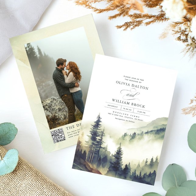 Invitation Foggy Mountain Pines Rustique QR Code Mariage (Foggy Mountains Woodland Wedding Photo Invitation)