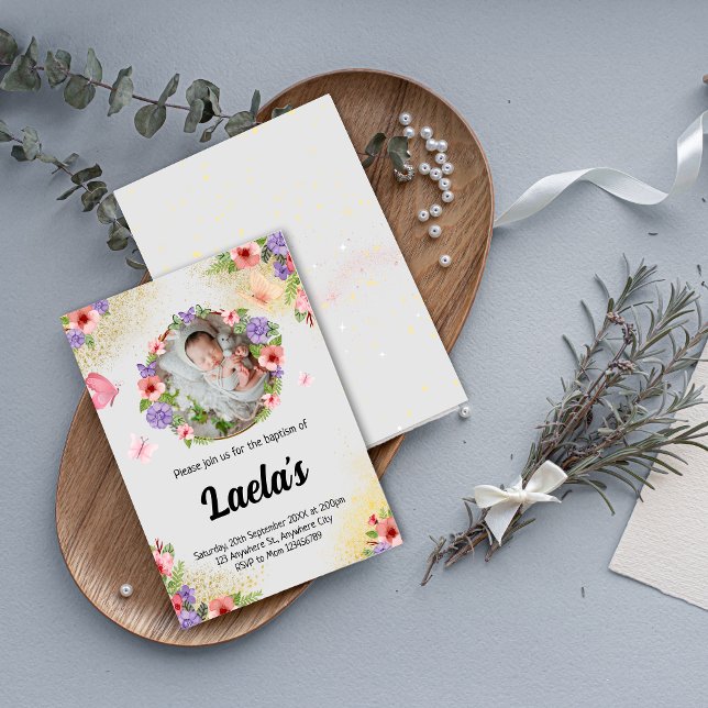 Invitation Foi lutteuse : Baptême papillon moderne photo (Modern Butterfly Baptism Photo Invitation)